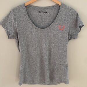 True Religion Buddha Foil Back V-Neck Graphic Tee Shirt Heather Grey Size Large